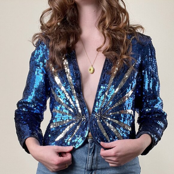 Vintage 100% Silk Sequin Beaded Starburst Long Sleeve Blazer Jacket Cardigan Top - Picture 7 of 7